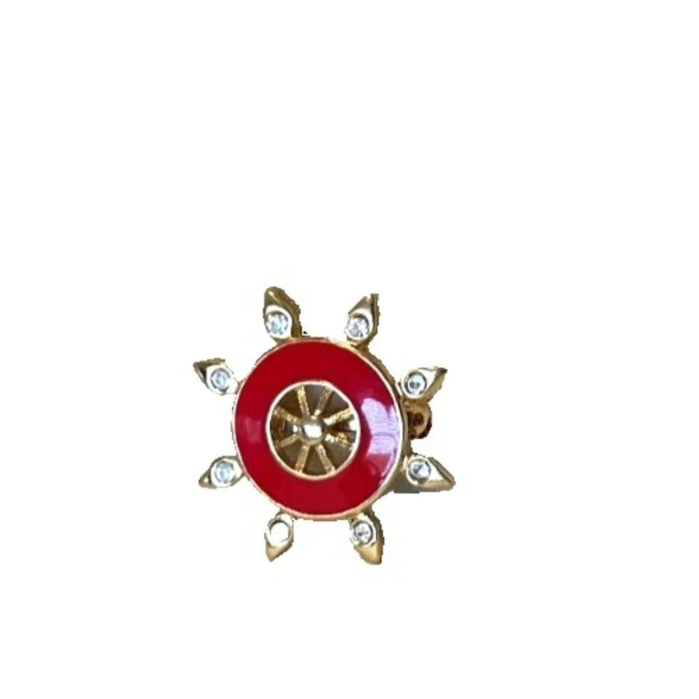 Vtg St John Signed Red Enamel Nautical Ships Wheel Brooch Pin Gold Tone Crystal